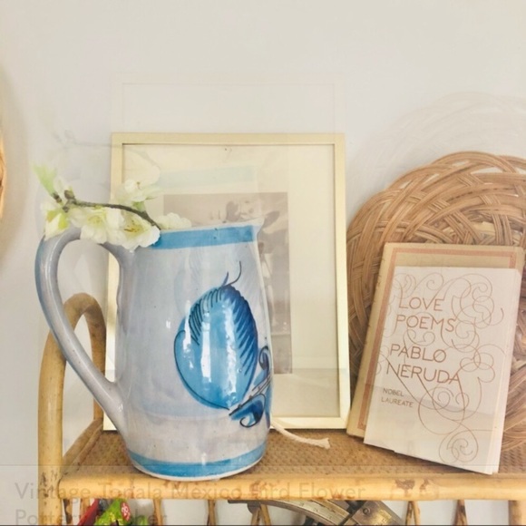 Vintage Gray and Blue Tonala Mexico Bird Flower Pottery Pitcher Vase Jug - Picture 11 of 12